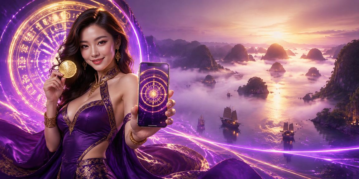 Màn hình mobile casino sáng đèn neon bên vịnh Hạ Long về đêm
