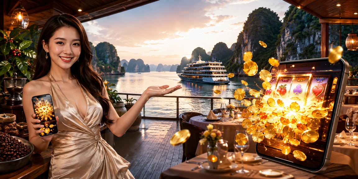 Người dùng chơi slot game bên ly cà phê với phong cảnh vịnh Hạ Long phía xa