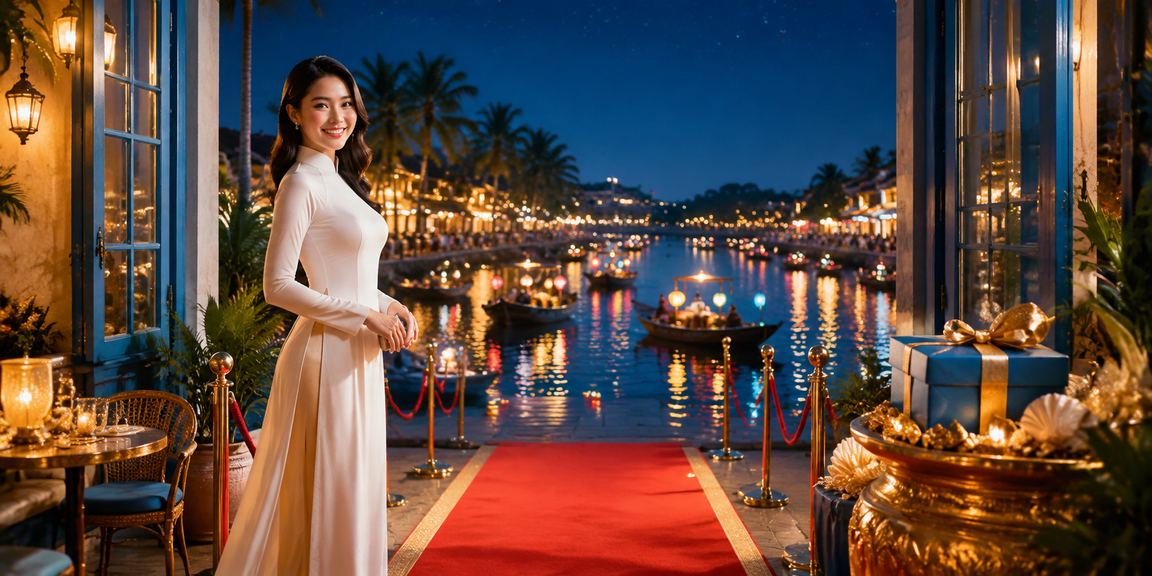 Người dùng tra cứu phân tích kèo bóng đá tại Hội An, ánh đèn lồng phản chiếu trên màn hình